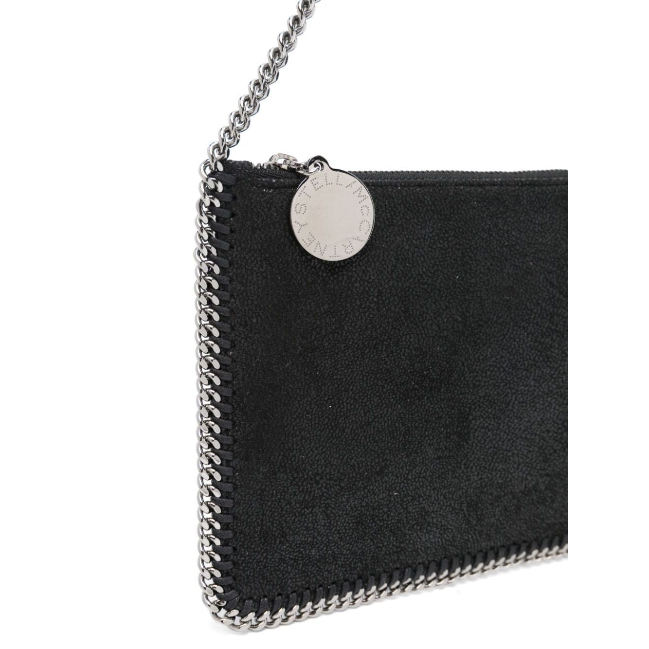 Stella McCartney Falabella clutch in black faux suede with chain-link shoulder strap and whipstitch trim.