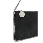 Stella McCartney Falabella clutch in black faux suede with chain-link shoulder strap and whipstitch trim.