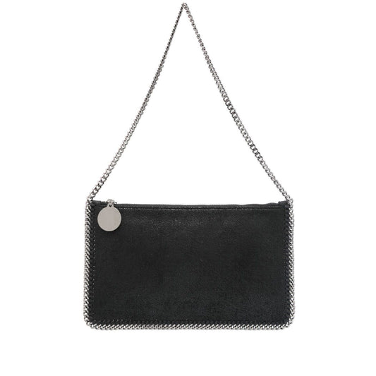 Stella McCartney Falabella clutch in black faux suede with chain-link strap and whipstitch trim.