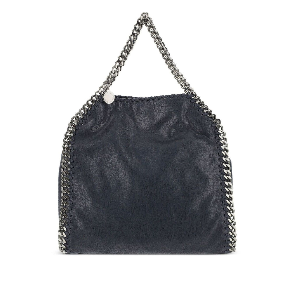 Stella McCartney Falabella mini handbag with chain-link trim and top handles, blue black color, showcasing stylish design.