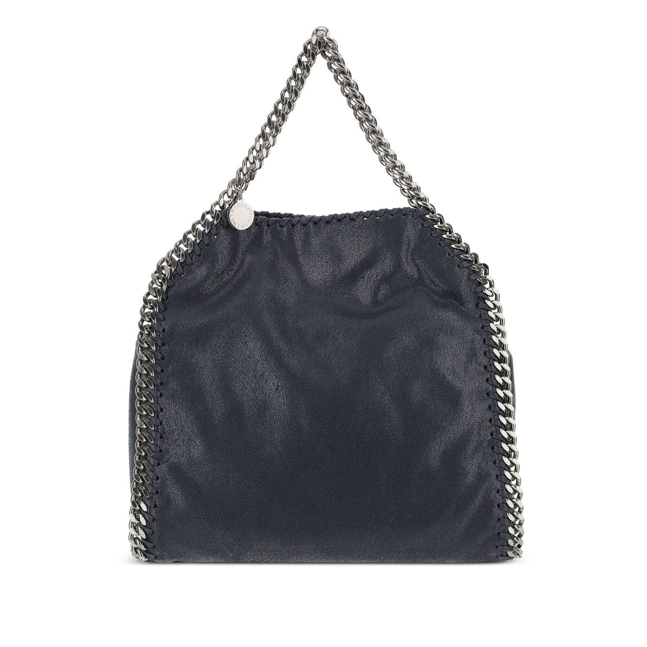 Stella McCartney Falabella mini handbag with chain-link trim and top handles, blue black color, showcasing stylish design.