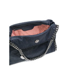 Stella McCartney Falabella mini handbag in blue-black with chain-link handles and trim, showing open view with pink lining.