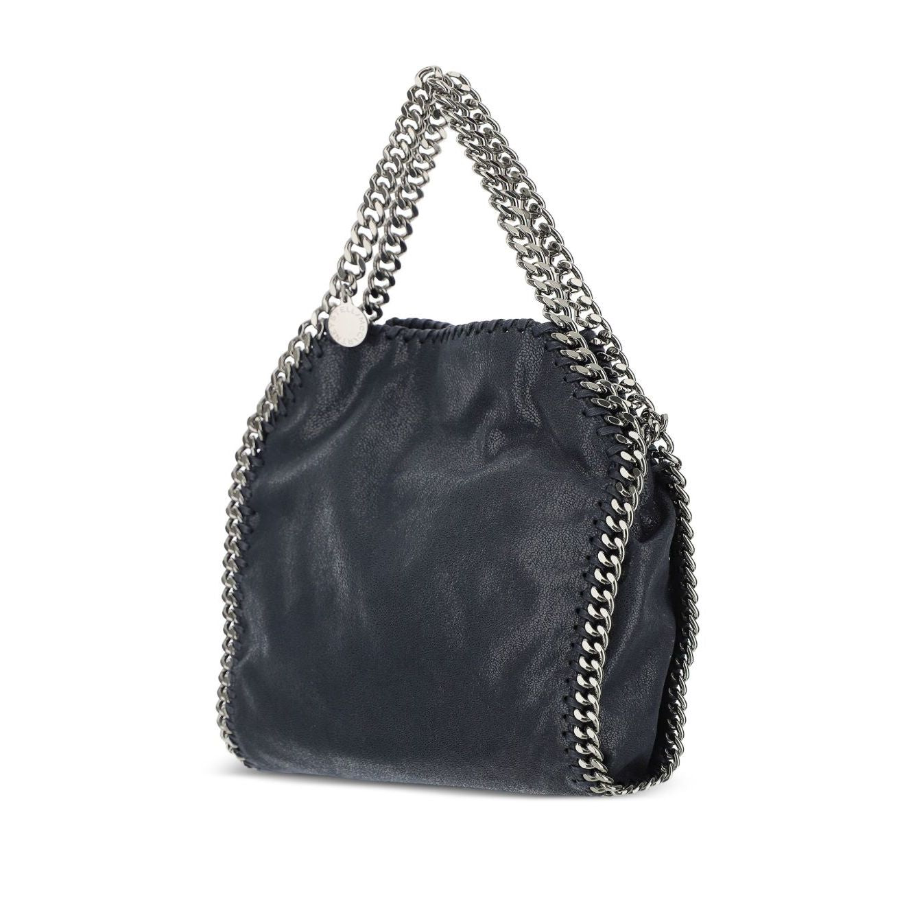 Stella McCartney Falabella mini handbag in blue black with chain-link handles and trim, featuring an internal slip pocket and concealed magnetic fastening.