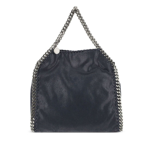 Stella McCartney Falabella mini handbag with chain-link trim and top handles, blue black color, showcasing stylish design.