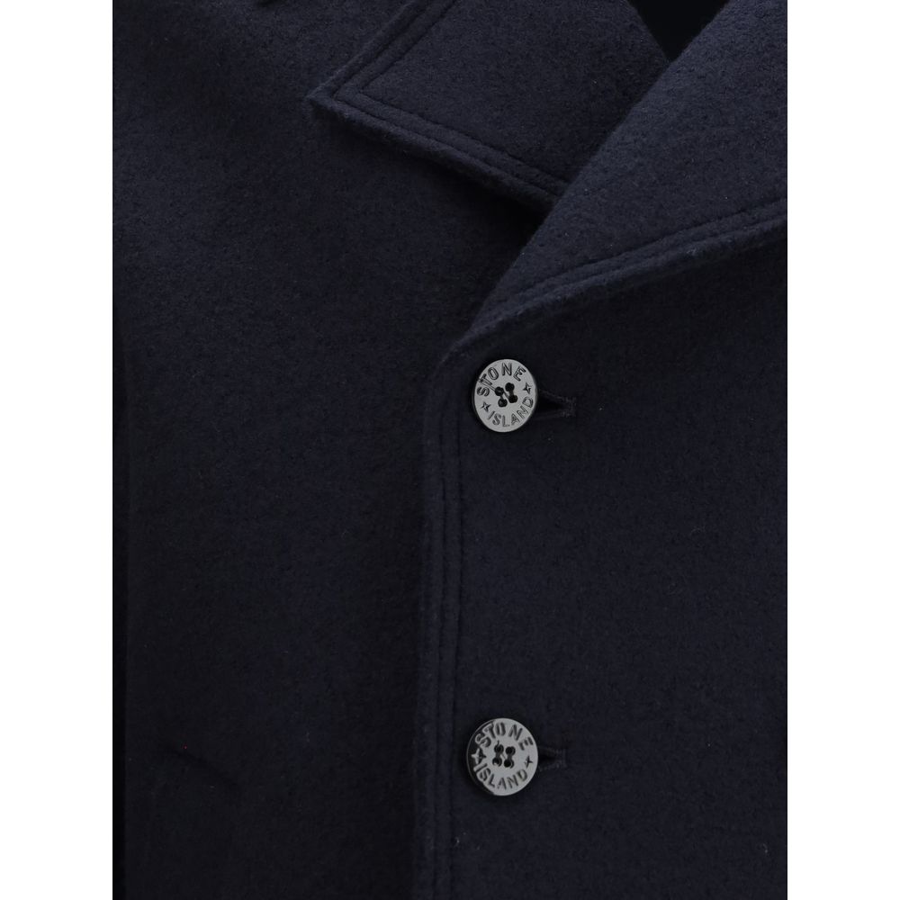 Stone Island Blue Fleece Wool Coat