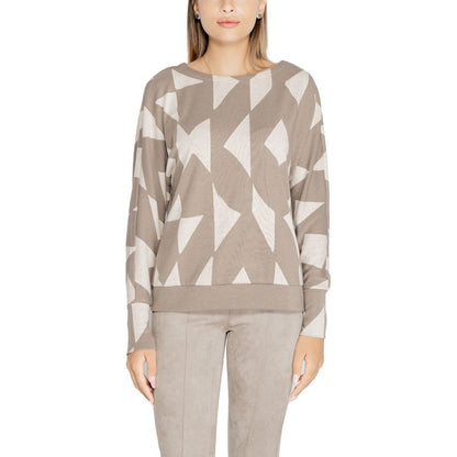 Model wearing Street One Brown Polyester Sweatshirt with geometric print and classic crew neckline.