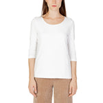 Woman wearing Street One Cream Cotton Long Sleeve with round neckline, showcasing a casual and refined style in a neutral setting.