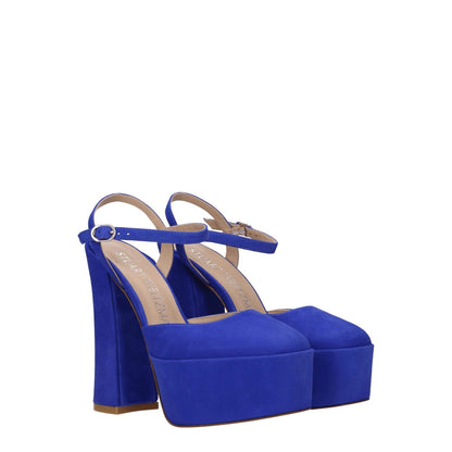 Stuart Weitzman Blue Leather Platform Sandals with high heels, buckle closure, and suede material.