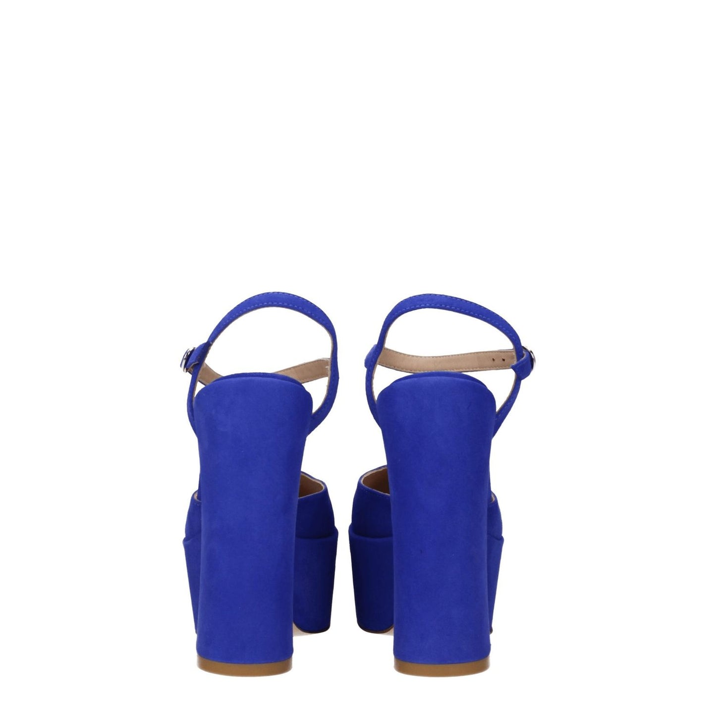 Back view of Stuart Weitzman Blue Leather Platform Sandals with high heel and buckle closure