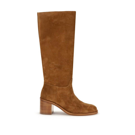 Stuart Weitzman Brown Calf Leather Bos Taurus High Heel Boots with knee-high suede, round toe, and block heel, elegant and practical.