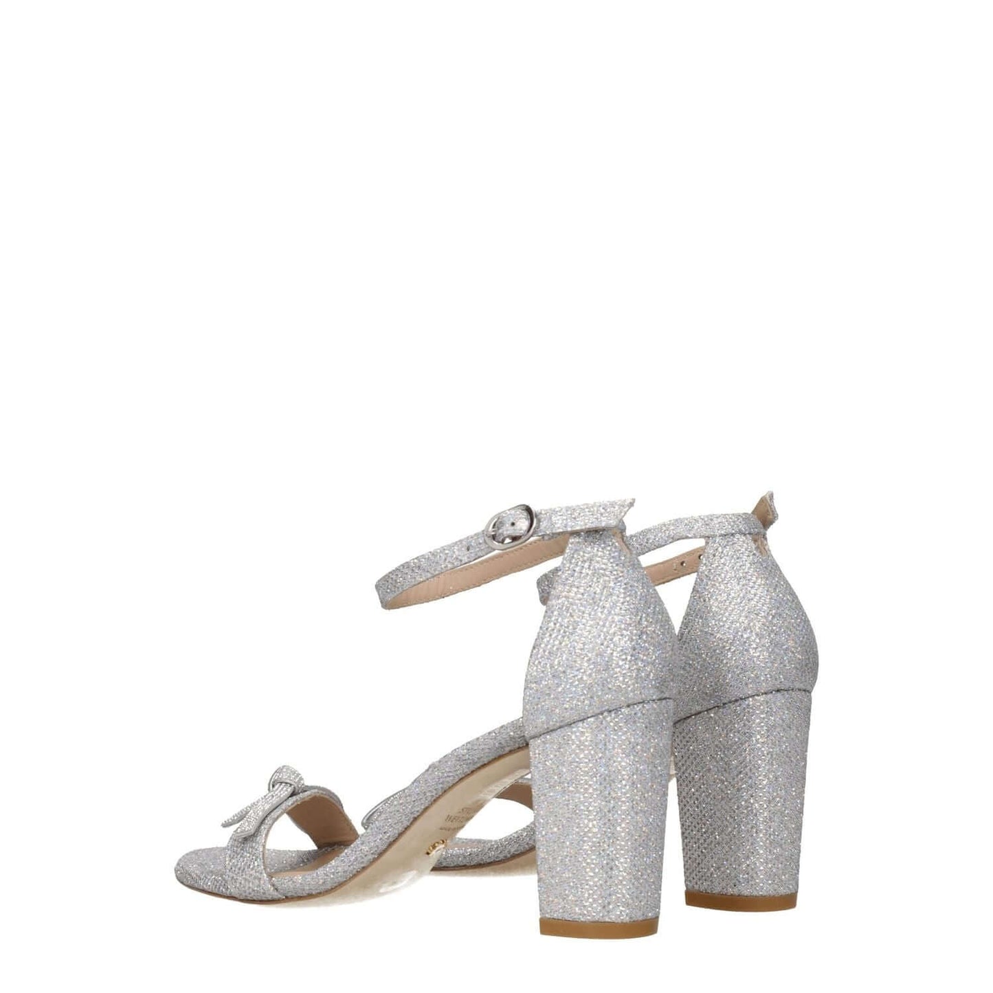 Stuart Weitzman Gray Fabric Platform Sandals with open toe and buckle closure, featuring mid heels and leather sole, side view.
