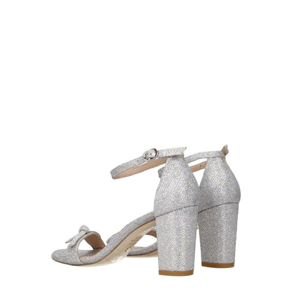 Stuart Weitzman Gray Fabric Platform Sandals with open toe and buckle closure, featuring mid heels and leather sole, side view.