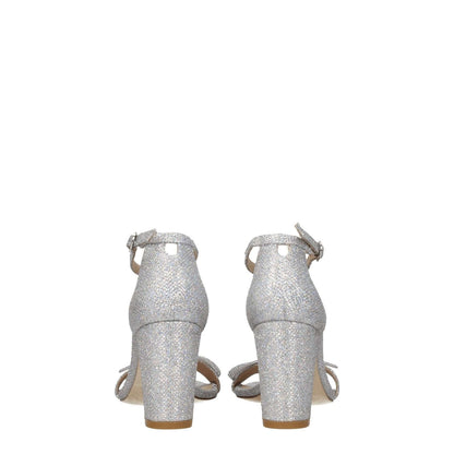 Stuart Weitzman Gray Fabric Platform Sandals with buckle closure and mid heels viewed from the back