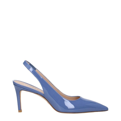 Stuart Weitzman Light Blue Leather High Heel Pumps with pointy toe and mid heel, patent leather finish, casual style.
