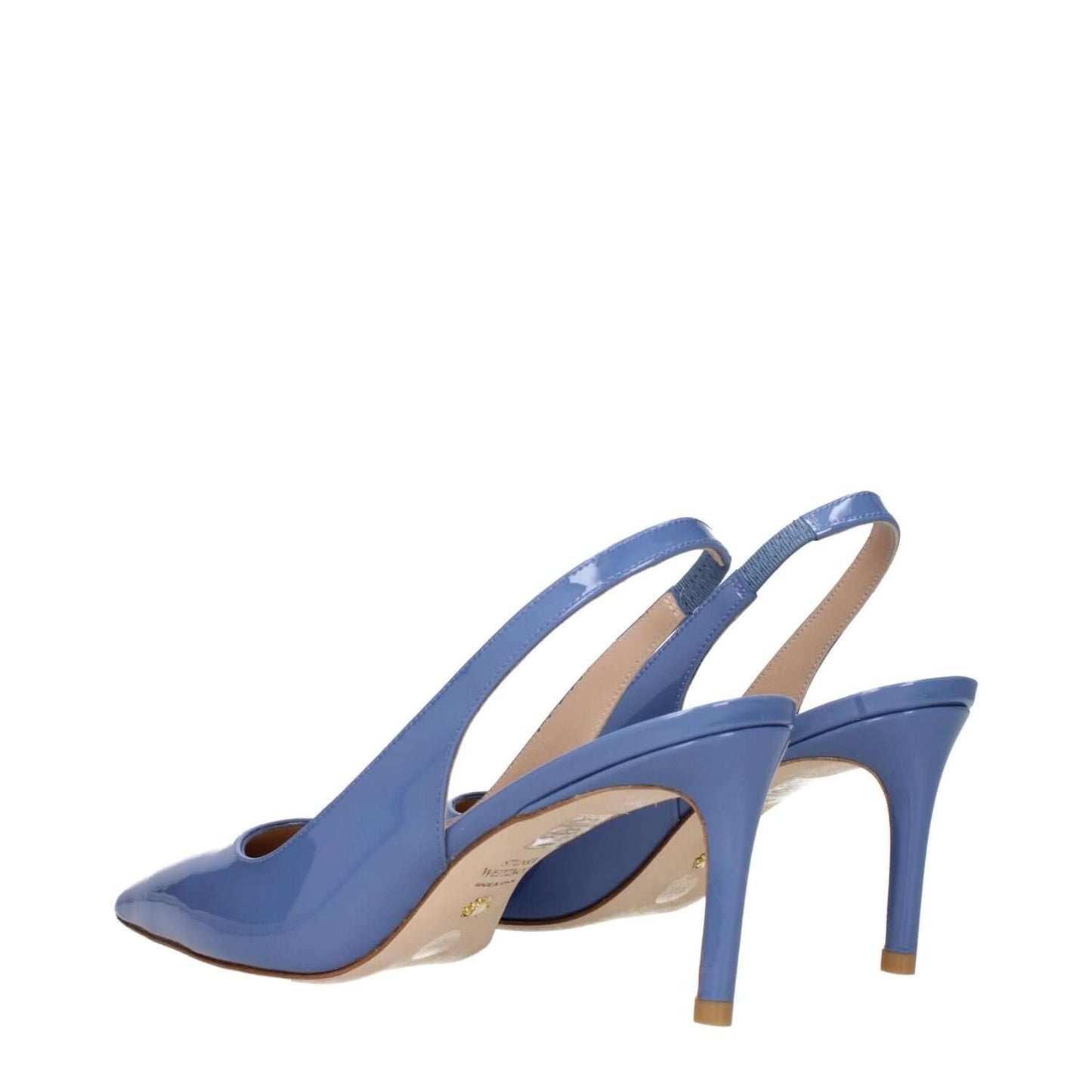 Stuart Weitzman Light Blue Leather High Heel Pumps. Patent leather sandals with pointy toe, 7.5 cm mid heel, steel blue color.