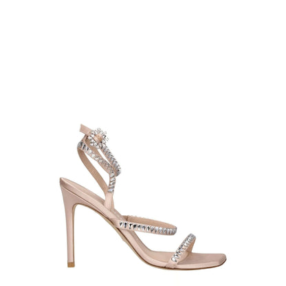 Stuart Weitzman Pink Satin Stiletto Heel Sandals with rhinestones and buckle closure, featuring open toe and high heel design.