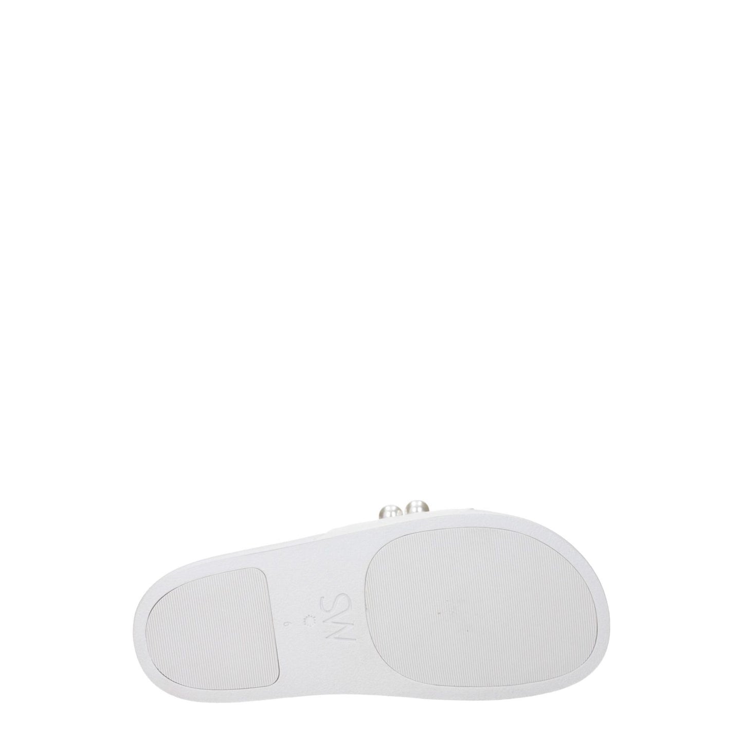 Stuart Weitzman White Leather Slippers bottom view with rubber sole, open toe, low flat heel - MPN GOLDIESMOSA887WHT