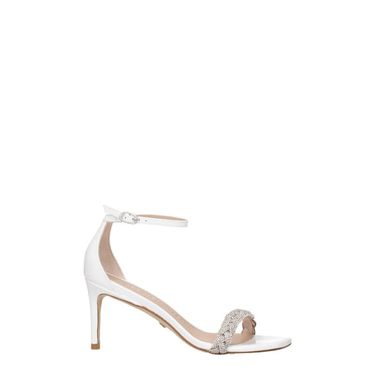 Stuart Weitzman White Leather Stiletto Heel Sandals with buckle closure and crystal details, mid heel, open toe, 7.5 cm heel height.