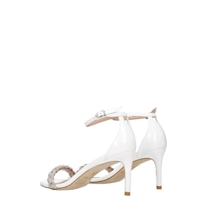 Stuart Weitzman White Leather Stiletto Heel Sandals with crystals, open toe, buckle closure, and mid 7.5 cm heels.