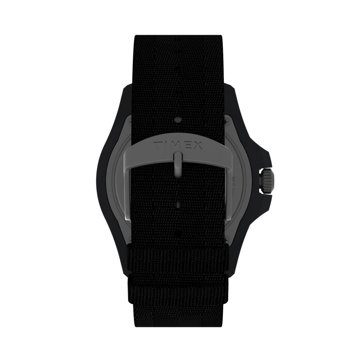 Back view of TIMEX Mod. EXPEDITION SOLAR wristwatch with fabric strap, black plastic case, and official packaging