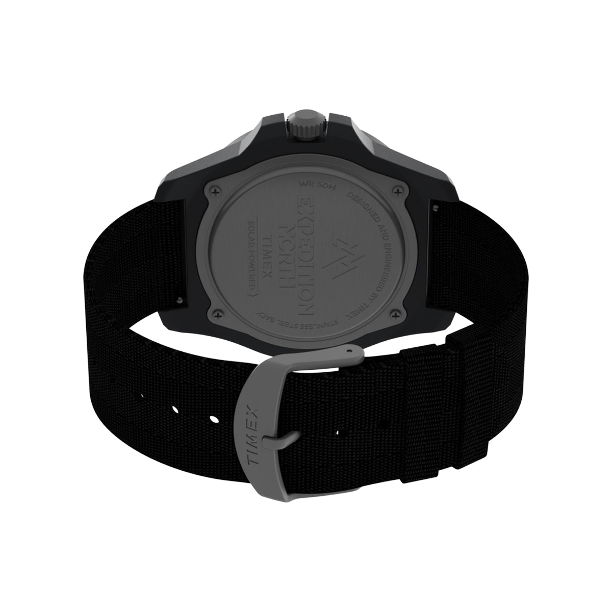Back view of TIMEX Mod. EXPEDITION SOLAR wristwatch with fabric strap, showcasing durable plastic case and water-resistant design.
