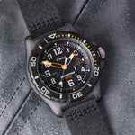 TIMEX Mod. EXPEDITION SOLAR black wristwatch with fabric strap, 46mm plastic case, mineral dial, and solar quartz movement. Water resistant.