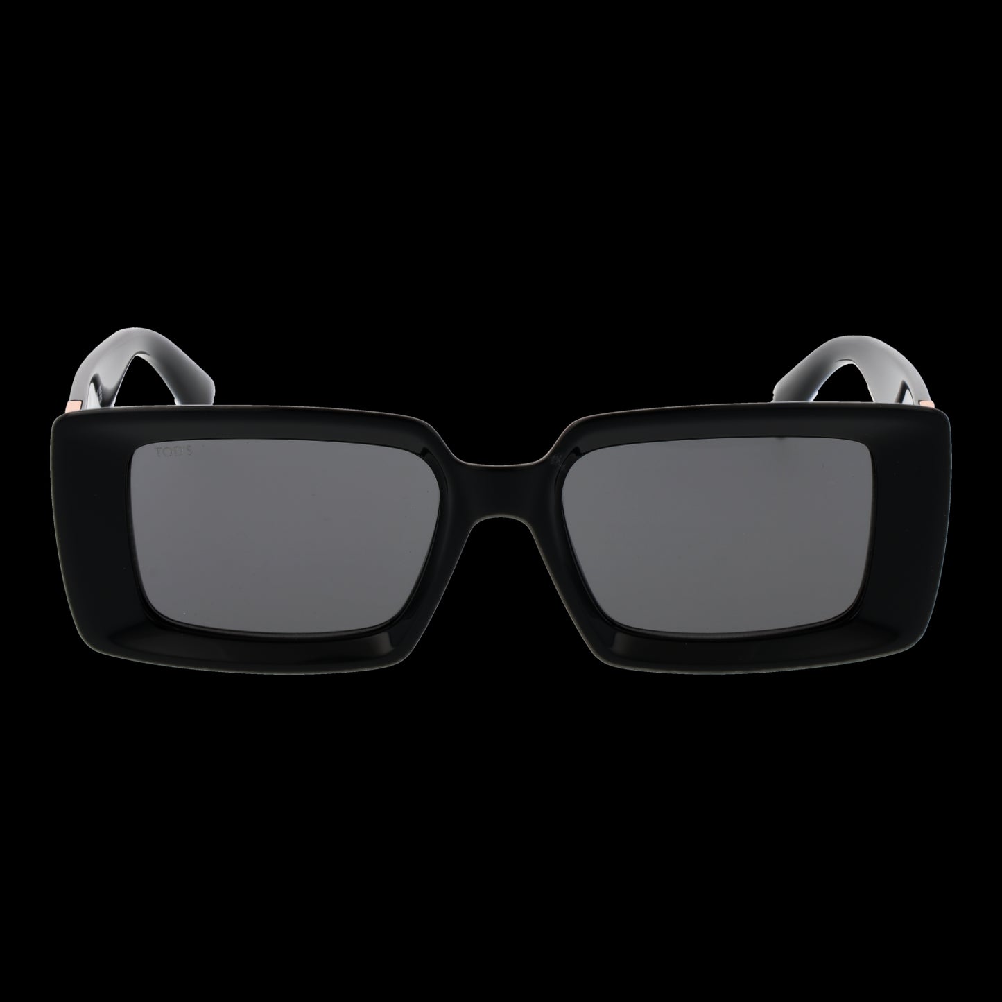 Front view of black rectangular sunglasses, TOD'S MOD. TO0366 5201A, designed for ladies with a sleek and modern style.