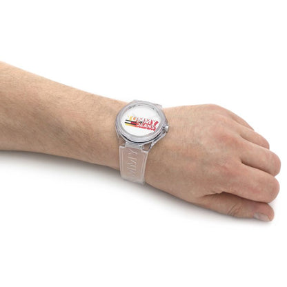 Unisex TOMMY HILFIGER Mod. 1720027 wristwatch with quartz movement and multifunction dial in official packaging, worn on wrist.