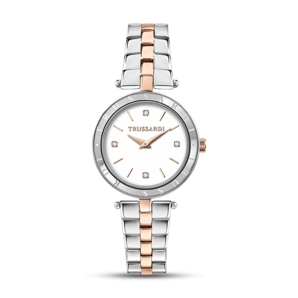 TRUSSARDI MOD. R2453145516 silver ladies wristwatch with 34mm case, mineral dial, and time-only function.