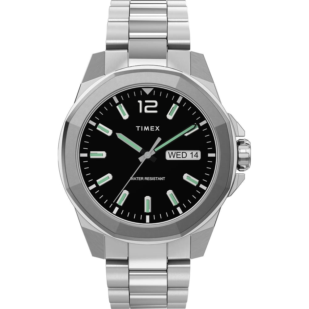 TIMEX Mod. ESSEX AVENUE wristwatch, 44mm stainless steel case, silver bracelet, quartz movement, day & date, black dial.
