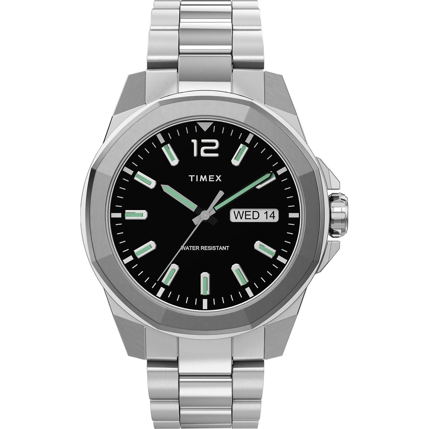 TIMEX Mod. ESSEX AVENUE wristwatch, 44mm stainless steel case, silver bracelet, quartz movement, day & date, black dial.