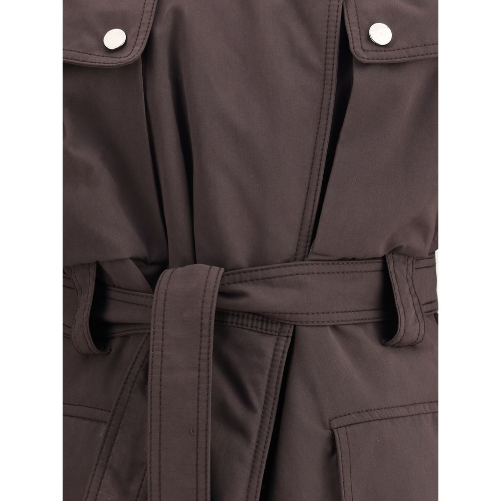 The Andamane Purple Polyester Coat with snap button closure and knotted belt for a refined silhouette, featuring front flap pockets.