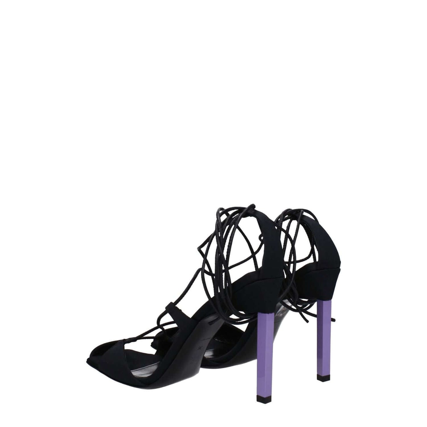 The Attico Black Fabric Stiletto Heel Sandals with self-tie closure, open toe, and high heel in mauve and black.