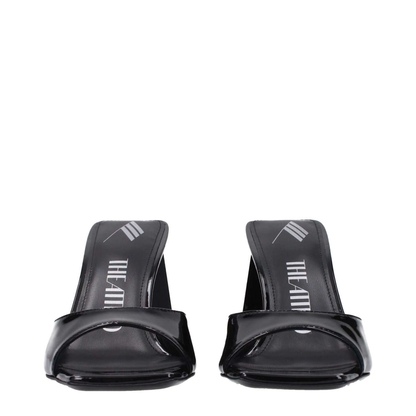 The Attico Black Leather Stiletto Heel Sandals open toe, stylish patent leather design, 8.5 cm mid heel, front view