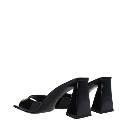 The Attico Black Leather Stiletto Heel Sandals with open toe and mid heels, made of patent leather, side view showing unique heel design.