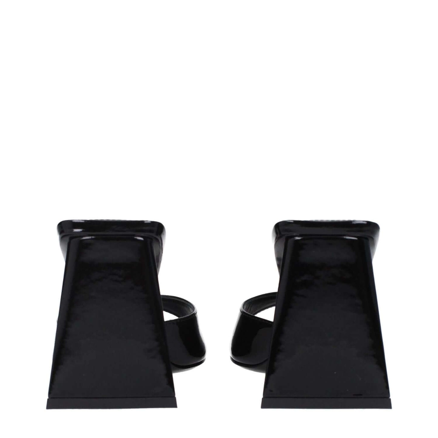 Rear view of The Attico Black Leather Stiletto Heel Sandals in patent leather with mid heels and open toe design.