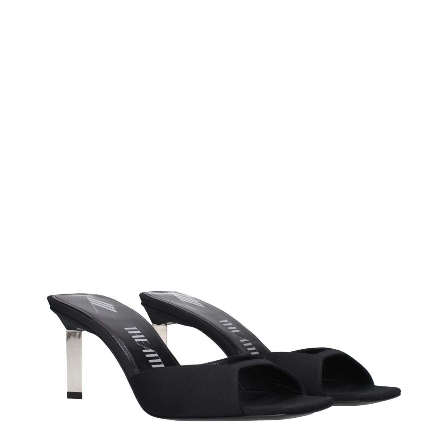 The Attico Black Satin Stiletto Heel Sandals with open toe and 7.5 cm mid heels, featuring a leather sole for a casual style.