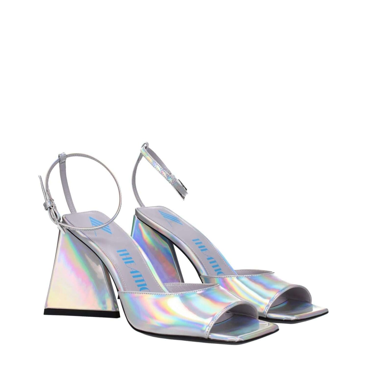 The Attico Gray Leather Platform Sandals with high heels, buckle closure, open toe, and eco leather in silver. MPN: S599E086002.