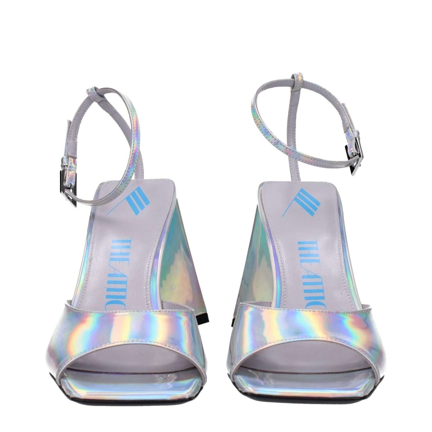The Attico Gray Leather Platform Sandals with silver eco leather, buckle closure, open toe, and high heel design.