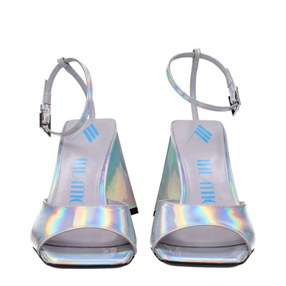 The Attico Gray Leather Platform Sandals with silver eco leather, buckle closure, open toe, and high heel design.