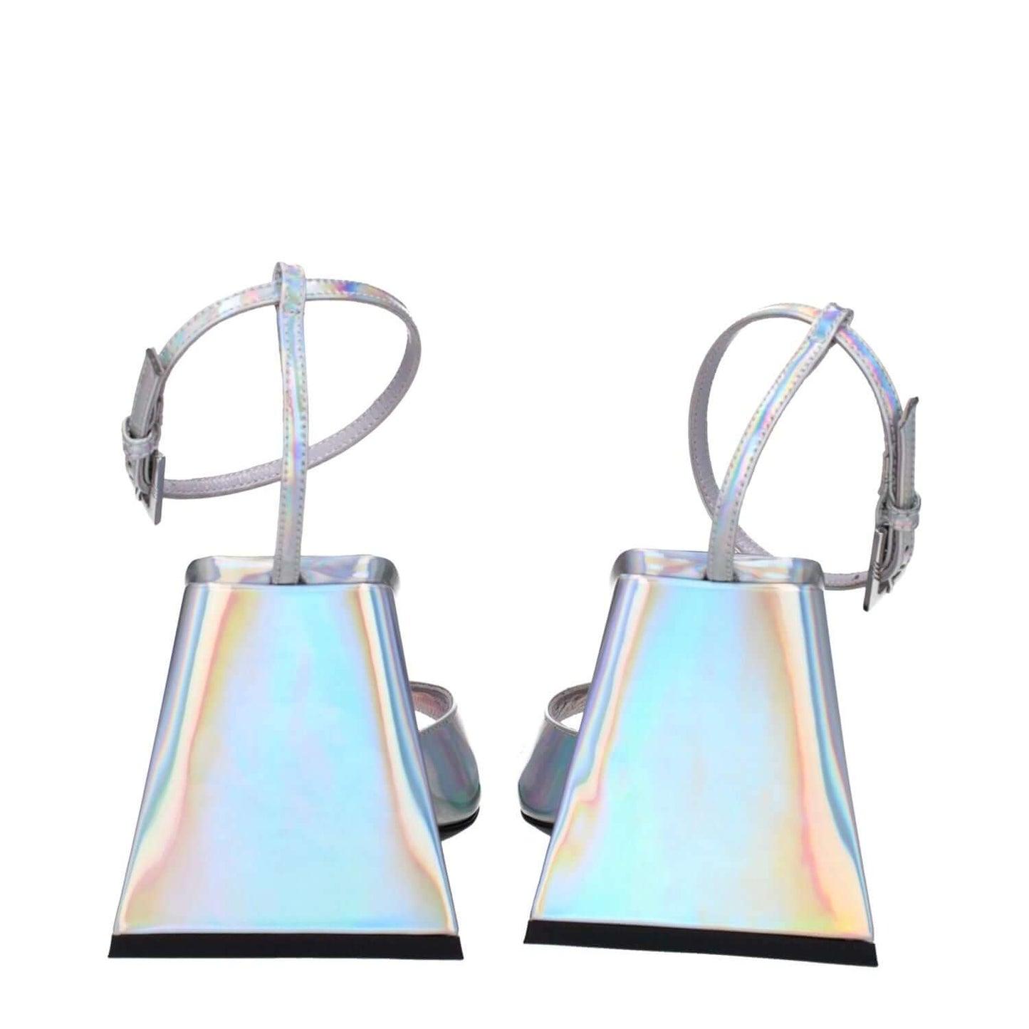 The Attico Gray Leather Platform Sandals with silver eco leather, high heel, buckle closure, and open toe.