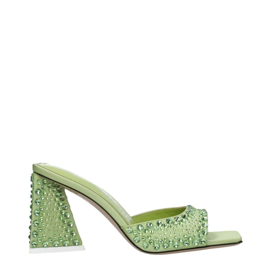 The Attico Green Satin Stiletto Heel Sandals with rhinestones and open toe design, featuring an 8.5 cm mid heel.