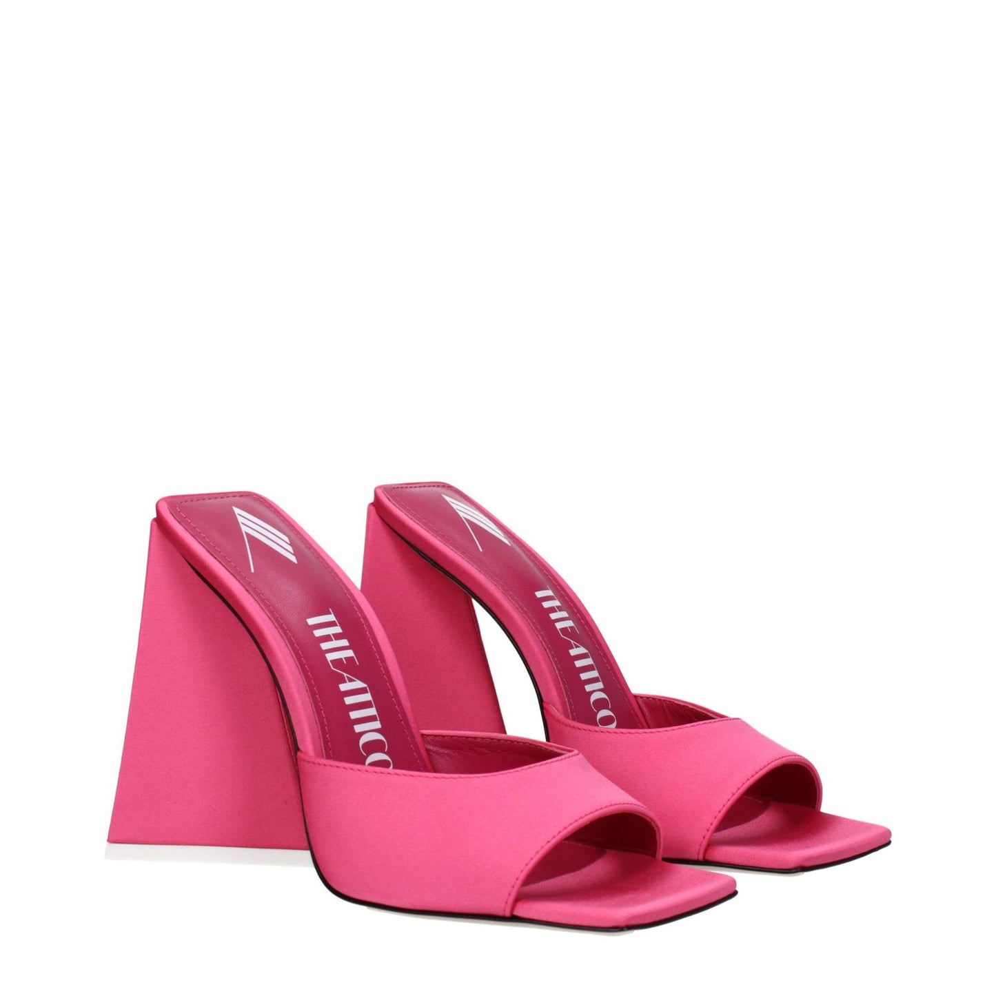 The Attico Pink Fabric Platform Sandals with 11 cm high heels and open toe design, stylish pink fabric, leather sole.