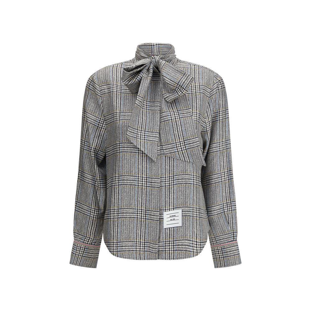 Thom Browne Beige Silk Dress Shirt with Hunting tweed, detachable bow, and subtle name tag detailing.