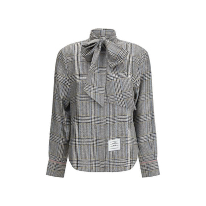 Thom Browne Beige Silk Dress Shirt with Hunting tweed, detachable bow, and subtle name tag detailing.