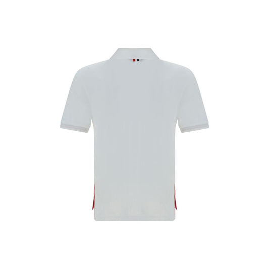 Back view of Thom Browne Short Sleeves Polo Shirt showcasing iconic contrasting bands and side slits with buttons.