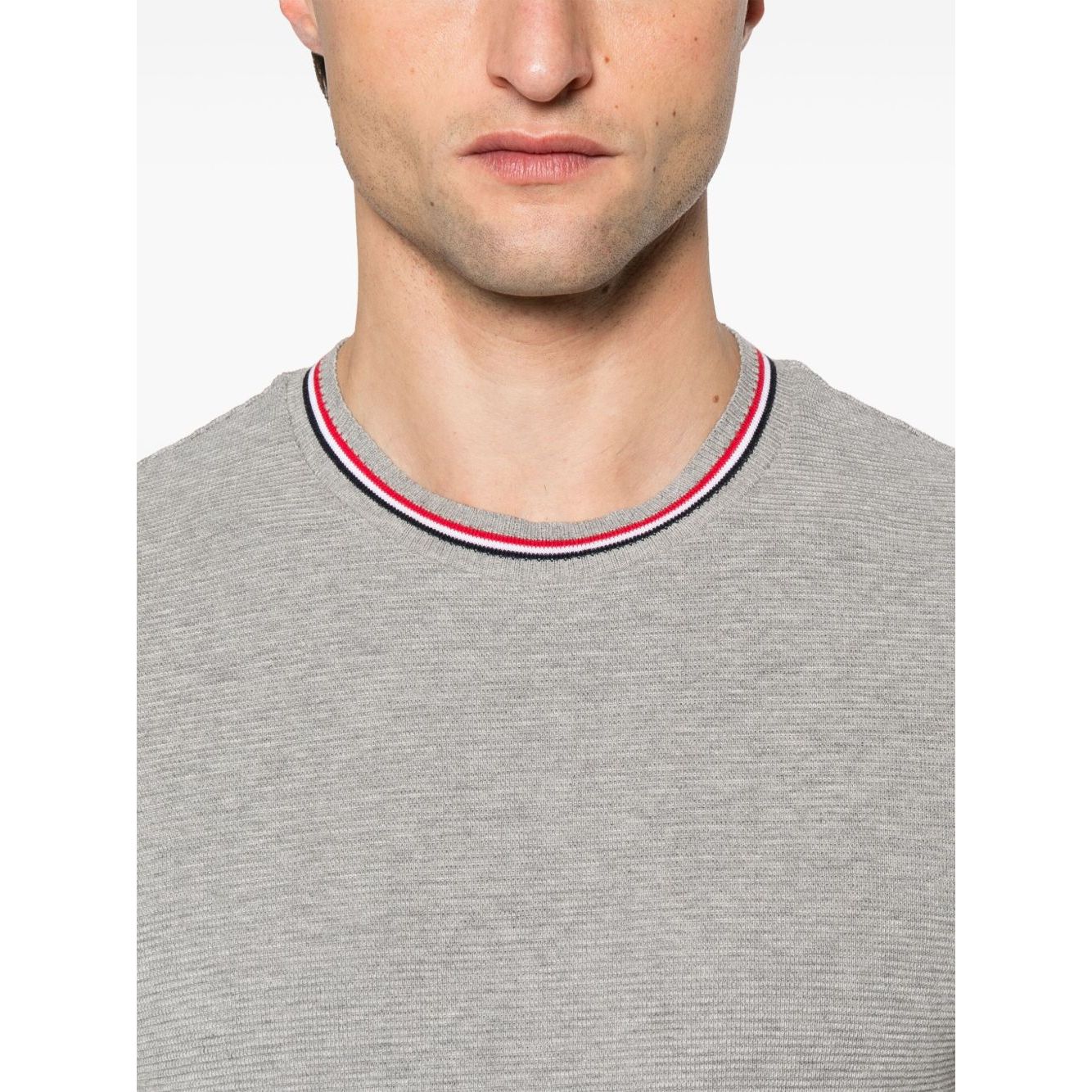 Thom Browne T-shirts and Polos Light Grey with logo patch, Rwb stripe detail, grosgrain side tabs, side button fastening in timberwolf grey.