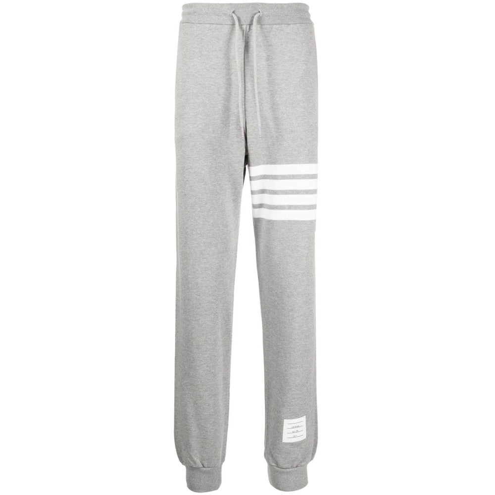 Thom Browne Trousers Grey with 4-Bar stripe and drawstring waist, featuring cotton material and rear welt pocket.