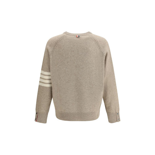 Thom Browne Wool Sweater with ribbed crew neck and iconic sleeve bands, showcasing luxury craftsmanship and style.