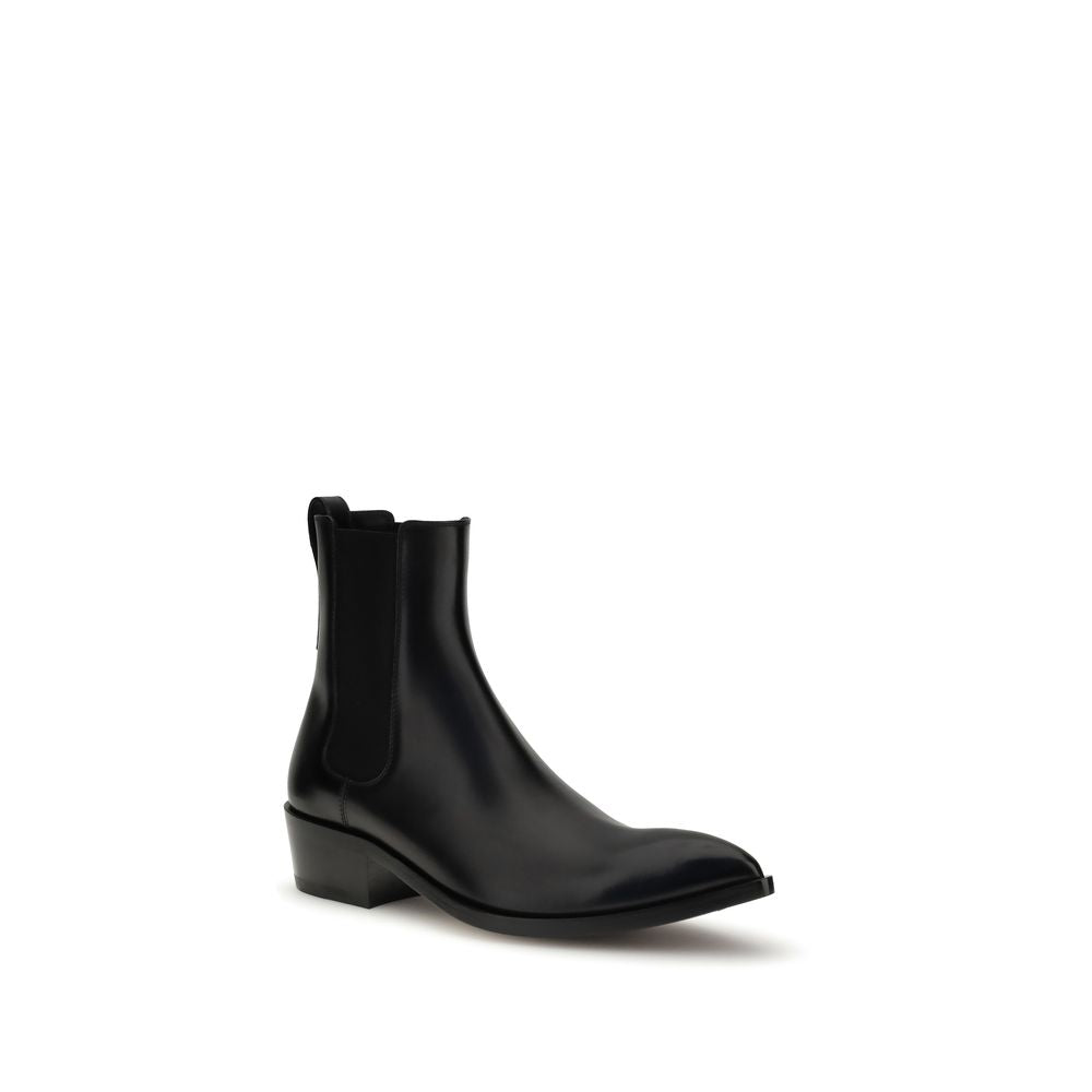 Tom Ford Black Calf Leather Bos Taurus Chelsea Boots, men's elegant ankle-length design with side elastic and block heel.